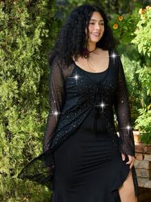 SHEIN EZwear ملابس علوية نسائية كبيرة الحجم طويلة الأكمام رومانسية ذات ربطات، مزينة بالترتر، ربيعية - الأسود - مشاهدة 4