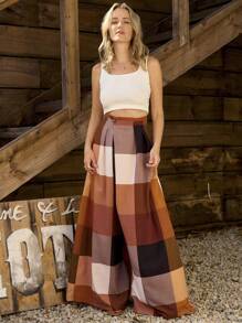 LanaWest Women's Plaid Wide-Leg Country Casual Everyday Pants
