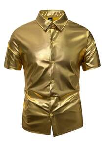 Manfinity AFTRDRK 男士纯色前扣短袖休闲衬衫，日常/休闲装 - 金色 - 查看 4