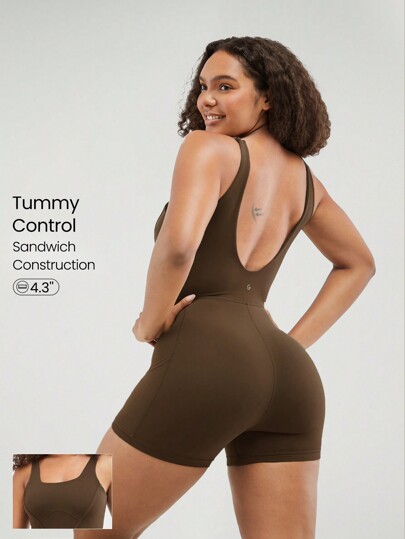 GLOWMODE Mono de Body con bolsillos laterales, control de abdomen, espalda en U, sin deslizamiento, soporte ligero, apto para yoga, estudio y uso diario de 4.3" FeatherFit™