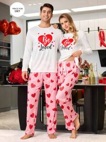 CoupledUp Conjunto de pijama de manga larga y pantalones largos con patrón de corazón y contraste de colores, para hombre, como regalo del Día de San Valentín