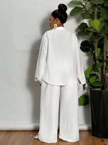 Slaydiva Plus Size Woman 2 Pieces All White Outfit Set: Loose Solid White V-Neck Casual Blouse & Straight Leg Pants, Lightweight Semi-Sheer Woven Fabric, Suitable For Spring/Summer Daily/Holiday Wear