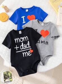 SHEIN 4件套婴儿爱心字母印花针织柔软圆领短袖连体衣，男女宝宝均适用