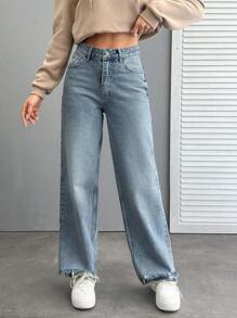 SHEIN High Waist Ripped Hem Straight Jean Simple Fashionable Daily Casual