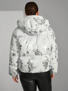 EURMUSE Plus Women's Short Jacket With Hood And Padding, Adjustable Waist, Snap Buttons, Silver Colour Print - White - View 2