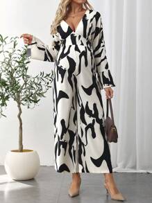 SHEIN Combinaison ample de maternité à imprimé graphique, jambe large, décolleté sexy - Noir et Blanc - Voir 3