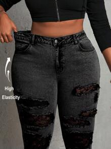 SHEIN ICON Quần Jeans Denim Co Giãn Ôm Sát Gợi Cảm Cỡ Lớn Có Miếng Dán Ren Rách - màu đen - Xem 3
