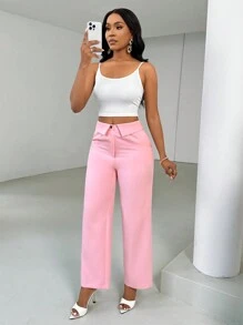 SHEIN Unity 女式纯色高腰卷腰斜口袋阔腿裤 - 粉色 - 查看 5