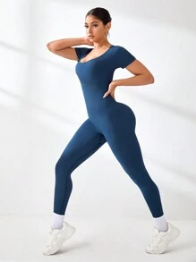 Gameset SHEIN Sport Women's Solid Color Short Sleeve Jumpsuit, Casual And Minimalist Design, Suitable For Daily Wear - Navy Blue - View 3