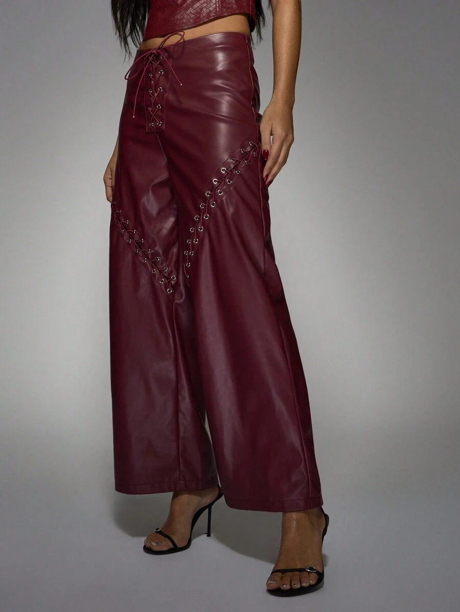 MISSGUIDED Faux Leather Wide Leg Pants Lace Up Detail High Waisted Party Club Evening Statement Piece Glamour Trouser Edgy Metallic Fashion Fall Winter Collection Christmas - Burgundy - View 1