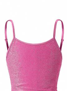 SHEIN Tween Girl Shiny Knit Bodycon Cami Dress, Ruched Cocktail Party Elegant Dress - Hot Pink - View 3