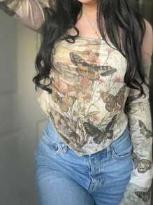 SHEIN Essnce Women's Off Shoulder Long Sleeve Butterfly Print Casual Blouse Fall Cloth For Women