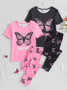 2 Peças Conjunto de Homewear Confortável com Estampa de Rosto Sorridente para Meninas Pré-Adolescentes - Top de Manga Curta e Calça - Multicolorido - Visão 1