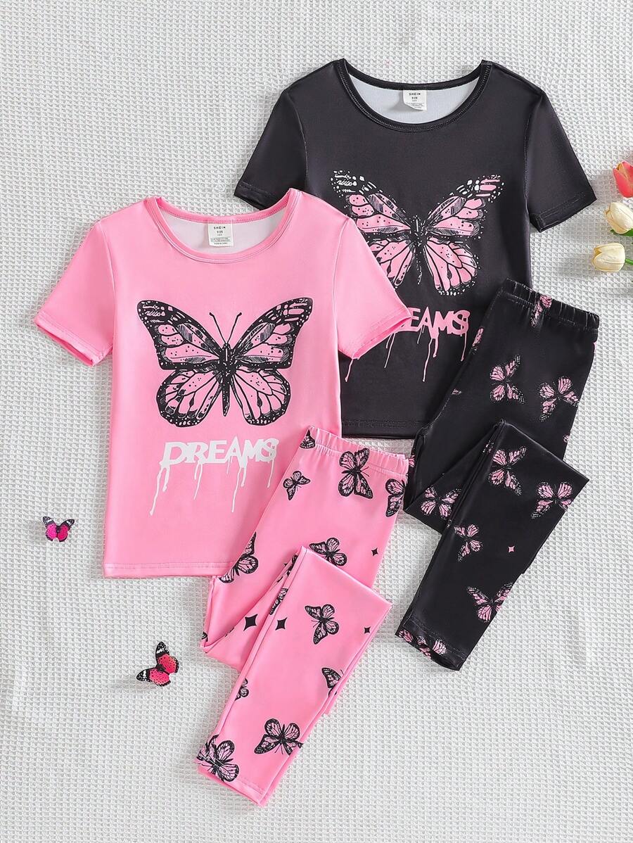 2 Peças Conjunto de Homewear Confortável com Estampa de Rosto Sorridente para Meninas Pré-Adolescentes - Top de Manga Curta e Calça - Multicolorido - Visão 1