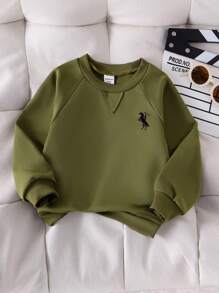 SHEIN Genkimix Kids Moletom Infantil Masculino de Manga Raglan Verde Militar com Gola Redonda e Bordado, Top Casual Esportiva para Uso Diário, Elegante para Primavera/Outono - Verde Militar - Visão 5
