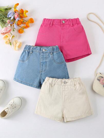 SHEIN 3 piezas Shorts vaqueros de cintura elástica versátiles y casuales para niñas, aptos para uso diario durante todo el año, nueva colección 2025