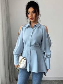 Elenzga 1pc Women's Elegant Open Shoulder Backless Tie Shirt, Solid Color - Baby Blue - View 6