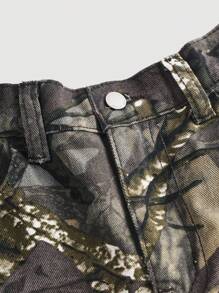 SHEIN Tween Girls Y2K Fashion Retro Stonewashed Camouflage Tree Branches Print Flap Pocket Baggy Denim Cargo Jeans Long Shorts, Girls Spring/Summer Clothes Back To School Outfits - Multicolor - View 3