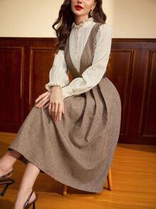 Vintamour Vintage Elegant Women's Dress, Autumn/Winter Fitted Lace Trim Stand Collar Ruffle Hem 2 In 1 Colorblock Long Sleeve A-Line Dress Valentines Birthday Dresses For Women Dresses For Women Elegant Birthday Outfits For Women Business Casual Woman Old Money Style Women Teacher Clothes Modest Dresses For Women Tea Party Outfit Spring Date Night Dress Women