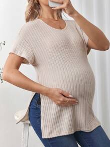 SHEIN Solid Color Round Neck Short Sleeve Slit Casual Maternity Top, Daily Wear - Apricot - View 4
