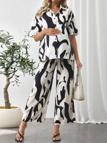 SHEIN Maternity Shoulder Drop Buttoned Shirt With Adjustable Waist Pants Casual Set