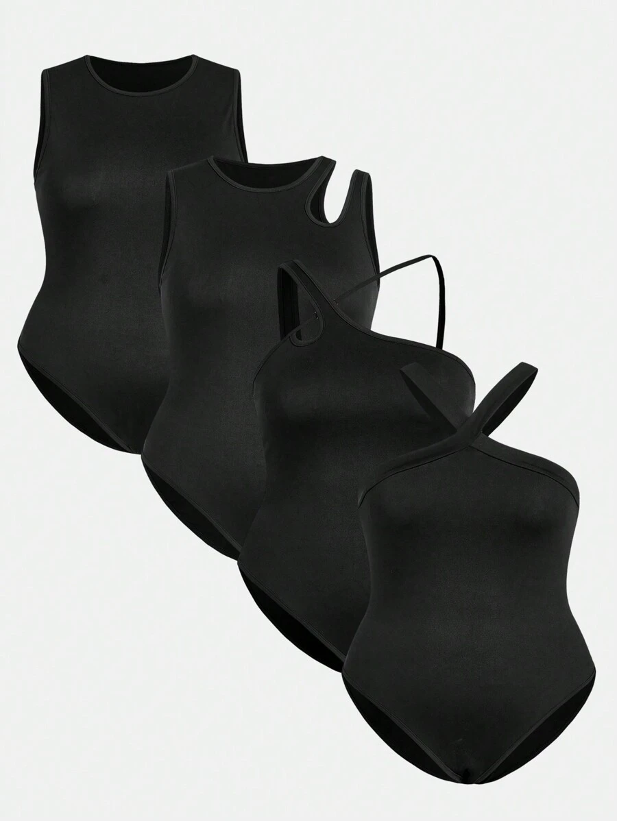 CovetEZ Plus Size Women Solid Color Casual Bodysuit - Black - View 1