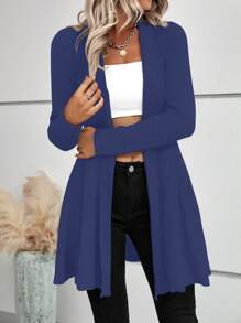 SHEIN LUNE 女士纯色长袖开衫，简约休闲上衣，适合日常穿着 - 藍色 - 查看 6