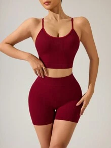 SHEIN 女士纯色交叉背心和短裤运动套装女士健身套装