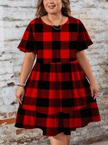 EMERY ROSE Vestido casual de talla grande con estampado de cuadros rojos, corte holgado, cuello redondo y manga corta, adecuado para primavera/verano