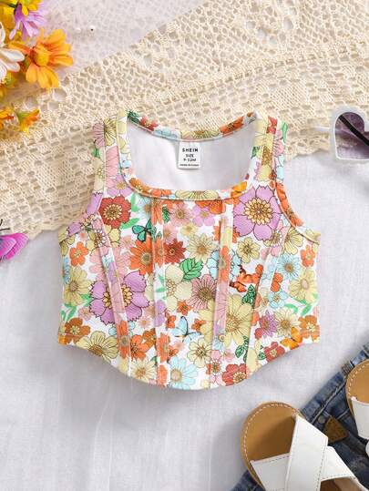 SHEIN Baby Girl Summer Cute Floral Pattern Knit Floral Print Tank Top