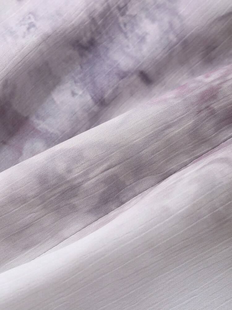 Watercolor Tie-Dye Waist Puff Sleeve Mid-Length Dress For Women, Ruffle, Fall Dress Long Sleeve Dress Floral Dresses For Women