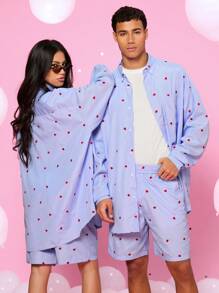 Manfinity VCAY طقم قميص أكمام طويلة فضفاضة ذو شرائط عمودية مطرزة بشكل قلب، وشورت واسط متوسط مستقيم القصة، مناسبة للجنسين - أزرق فاتح اللون - مشاهدة 2