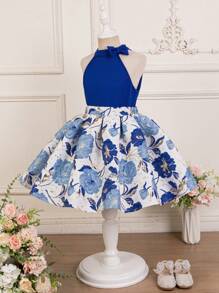 SHEIN Leap Crew 青少年女孩民族风华丽挂脖无袖上衣和碎花裙套装 - 藍色 - 查看 5