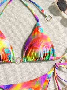 SHEIN Swim Conjunto de bikini estilo bohemio con Bottom de tirantes laterales de estampado de mariposas y flores, de cuello halter para mujer, para verano y vacaciones en la playa - Multicolor - Ver 5