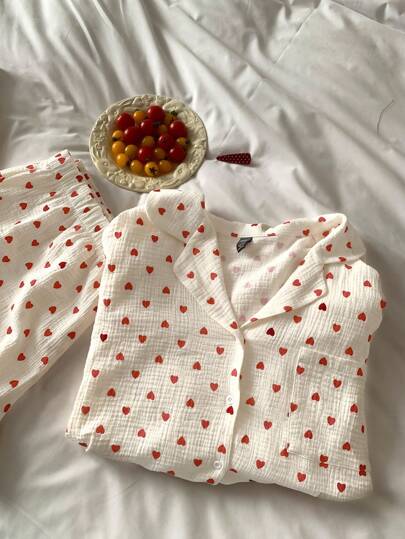 Dazy Plus Plus Size Women Revere Collar All-Over Heart Printed Top & Pants Pajama Set, Suit All Seasons, Fall Winter Clothes