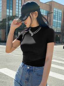 DAZY Camiseta de mujer de cuello alto, de unicolor, con ajuste ceñido y mangas cortas, de estilo casual - Negro - Ver 4