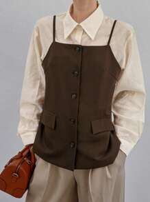 Dazy-Less 2pcs Women Loose Contrast Color Shirt & Suspender Suit Set - Brown - View 3