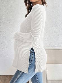 SHEIN Maternity Ribbed Side Split Hem Crew Neck Long Sleeve Casual T-Shirt, Autumn