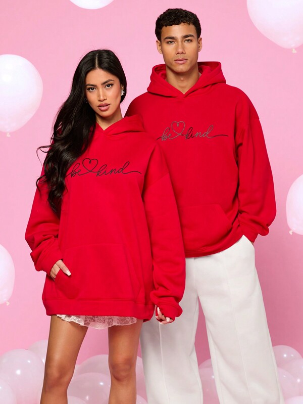 Manfinity Unisex Unisex Casual Knitted Letter Heart Pattern Print Loose Drop Shoulder Red Hoodie Sweatshirt For Autumn/Winter