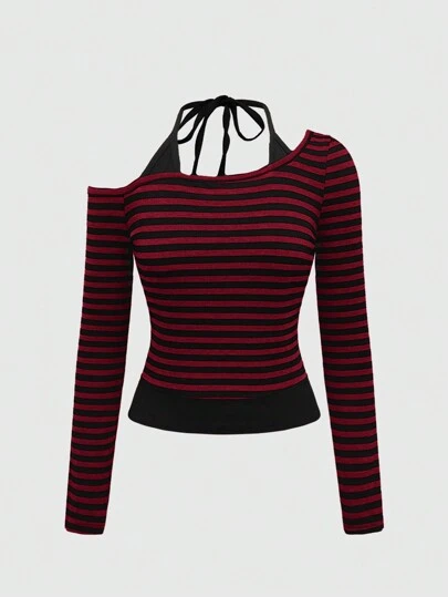 Grunge Punk T-shirt femme style streetwear sexy Y2K Kpop avec bretelles croisées, nœud papillon et col montant