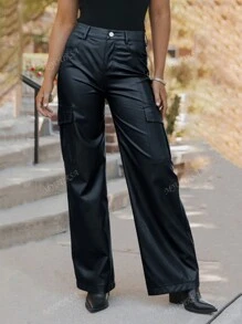 MYOURSA Multi Pockets Solid Faux PU Leather Cargo Pants