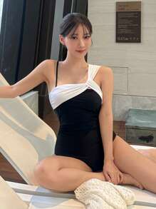 DAZY 女士性感撞色修身连体泳衣，适合夏季海滩度假 - 黑與白 - 查看 4