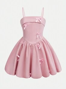 SHEIN Serisse Kids Tween Girl 优雅纯色无袖 A 字裙，带 3D 蝴蝶结装饰，可爱公主裙，粉色，适合生日派对、婚礼、情人节、法式时尚 - 粉色 - 查看 4