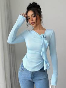 Elenzga Women 3D Flower Decor Long Sleeve T-Shirt, Simple Commute Style