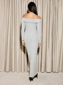AiiRZ Ribbed Bardot Maxi Dress Long Sleeve Off Shoulder Evening Bodycon Dress Winter Holiday Party Formal Elegant Full Length Knit Dress