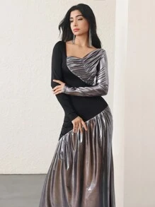 Modelyn 女式金属面料长款紧身拼接优雅针织连衣裙 - 彩色 - 查看 1