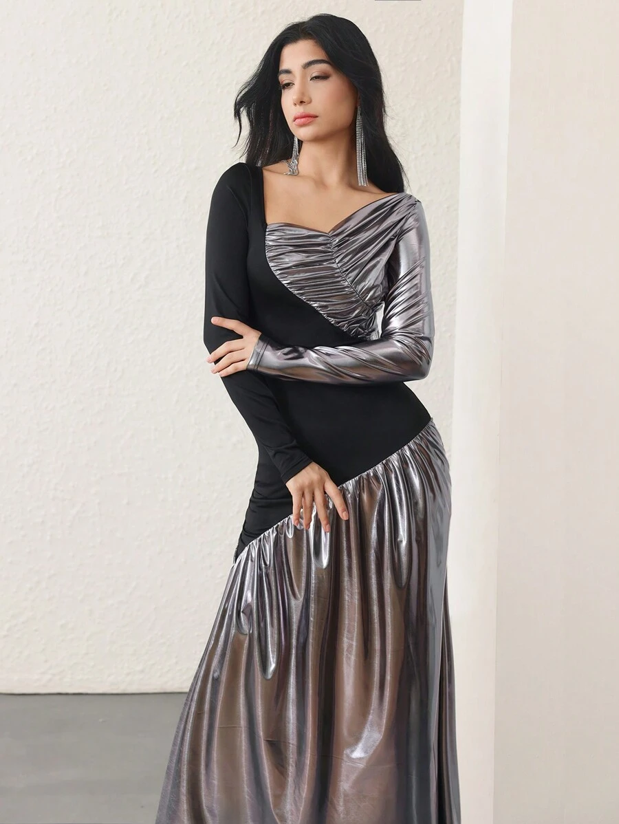 Modelyn 女式金属面料长款紧身拼接优雅针织连衣裙 - 彩色 - 查看 1