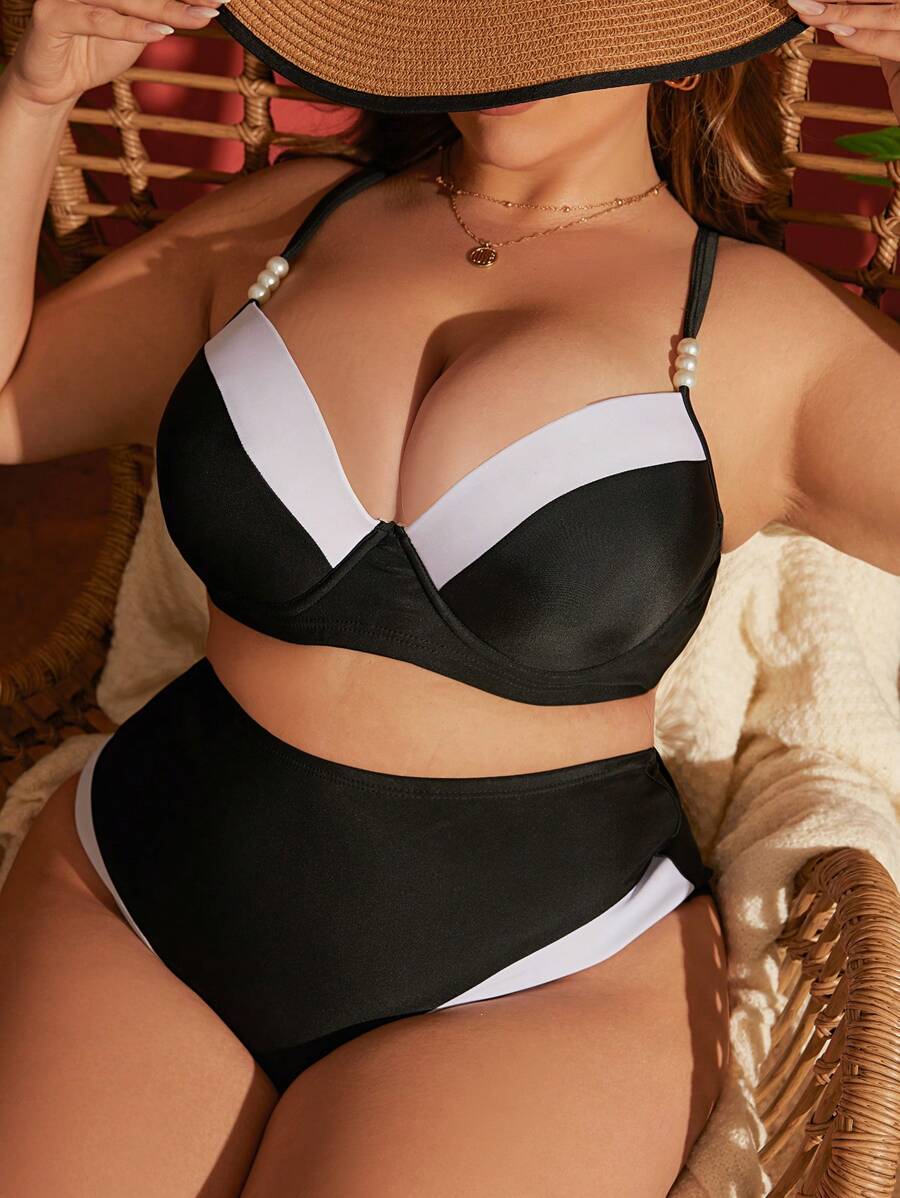 SHEIN Swim Curve Summer 2pcs Plus Size Splice Bustier Bikini Set With Underwire, Casual Beachwear For Vacation, Daily Wear - Black and White - View 1