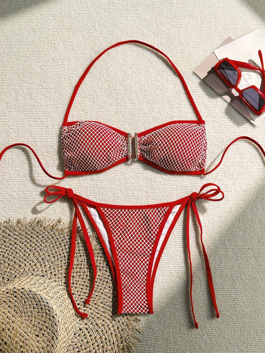 SHEIN Swim Frühlingspause Sommer Strand U-Ausschnitt Crop Top & seitlich gebundener Bikini Unterteil 2 Teile Badeanzug Set, Rot & Weiß