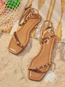 Styleloop Women New Spring & Summer Vacation Bohemian Brown Ankle Strap Beach Dress Flat Sandals And Slippers Spring Break Easter - Brown - View 3